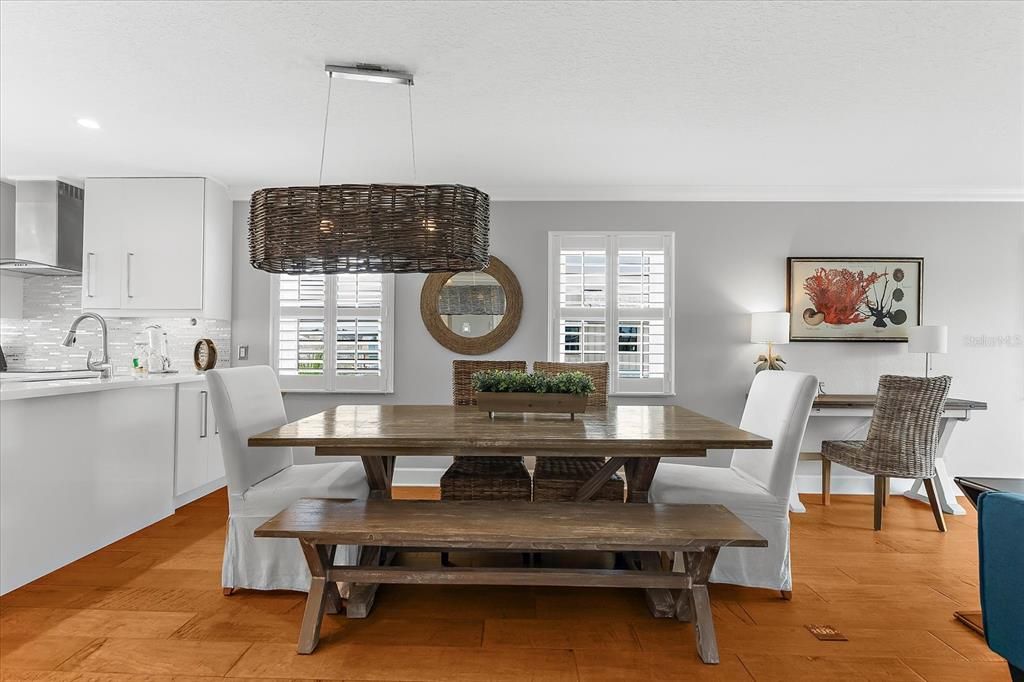 Dining room, Interior, Pendant Lights, Recessed Lighting, Wood Texture Flooring