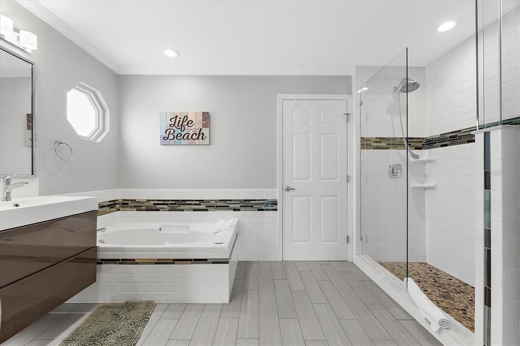 Bathroom, Glass Shower, Interior, Recessed Lighting, Wood Texture Flooring