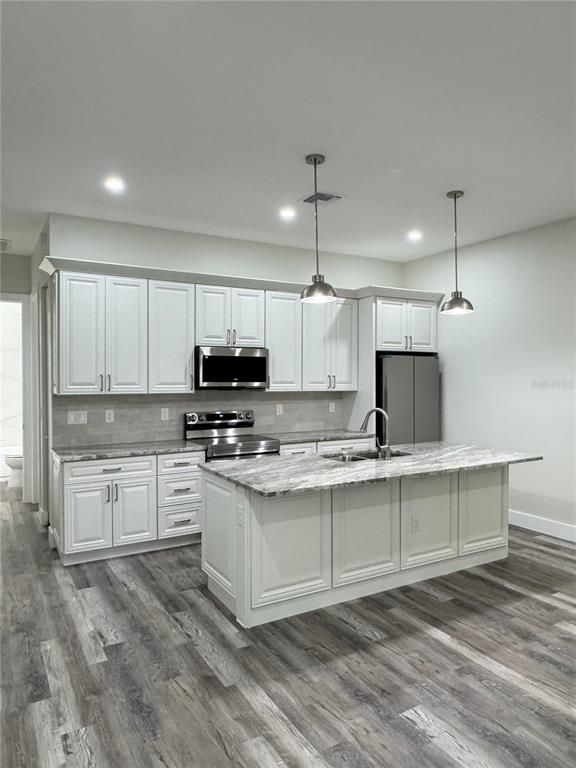 Interior, Kitchen, Pendant Lights, Recessed Lighting, Stainless Steel Appliances, Wood Texture Flooring