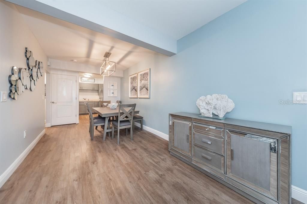 Dining room, Interior, Recessed Lighting, Wood Texture Flooring