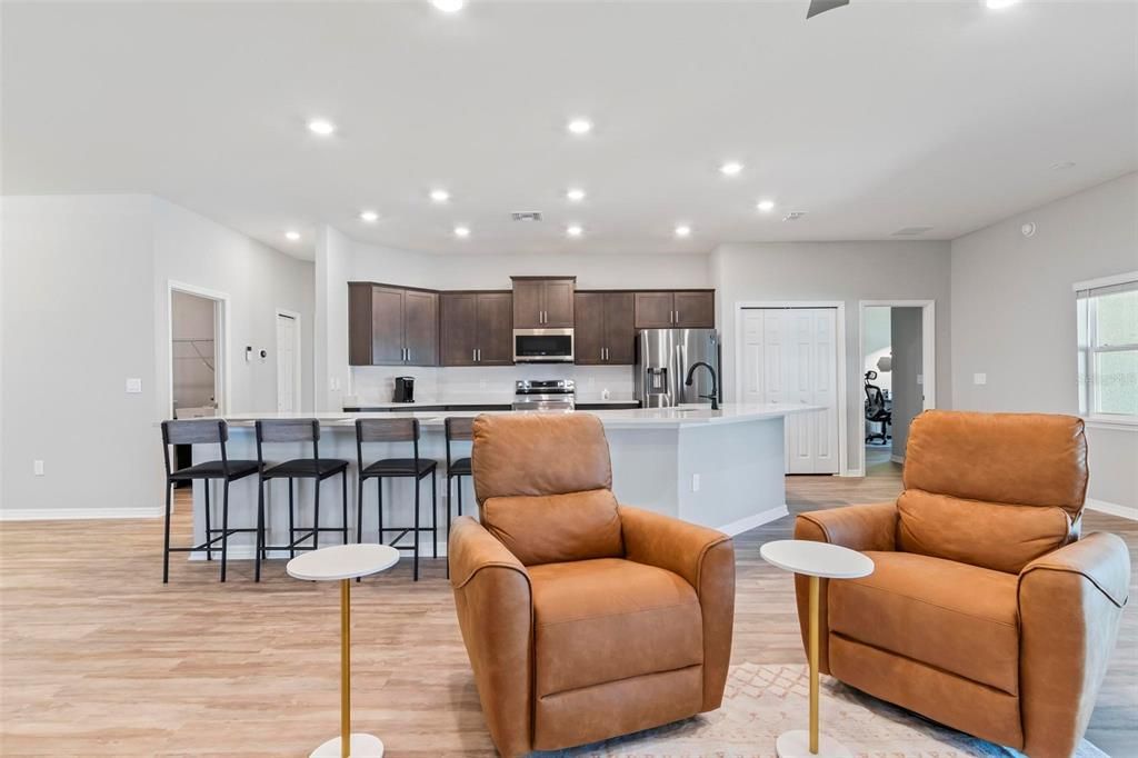 Interior, Kitchen, Living room, Recessed Lighting, Stainless Steel Appliances, Wood Texture Flooring