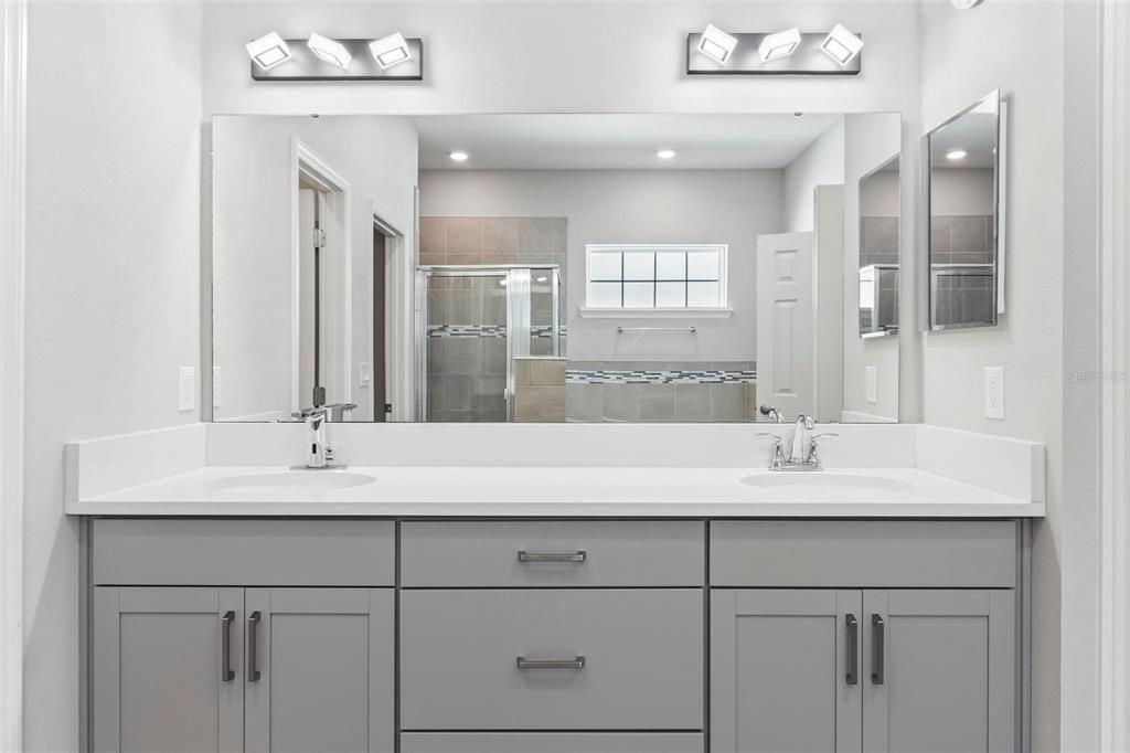Bathroom, Dual Sink Vanities, Glass Shower, Interior, Recessed Lighting