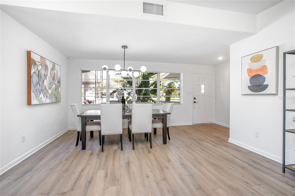 Dining room, Interior, Pendant Lights, Recessed Lighting, Wood Texture Flooring
