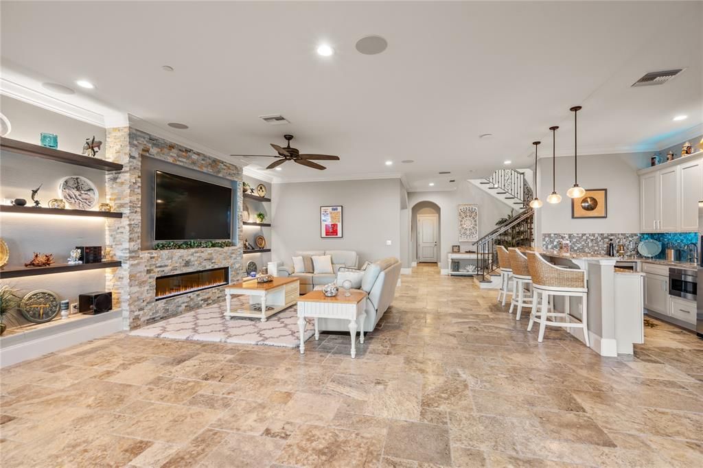 Fireplace, Interior, Living room, Pendant Lights, Recessed Lighting, Stone Walls