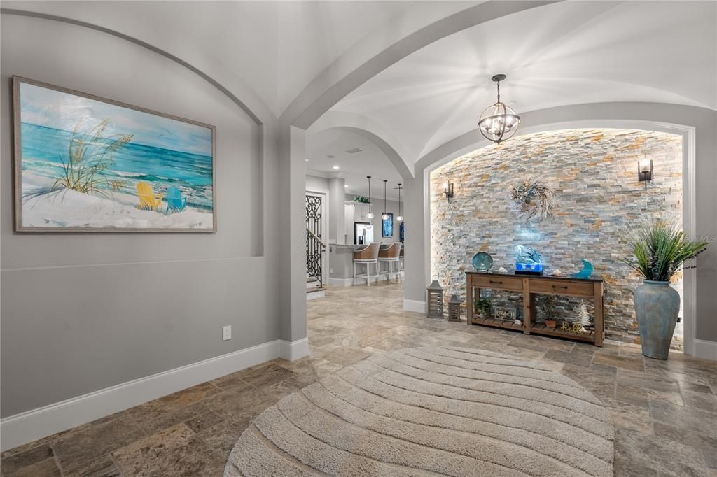 Interior, Kitchen, Pendant Lights, Stone Walls