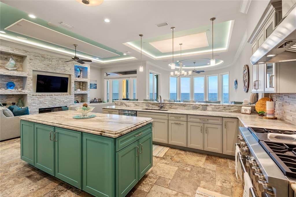 Chandelier, Interior, Kitchen, Living room, Pendant Lights, Recessed Lighting, Stainless Steel Appliances, Stone Walls, Water