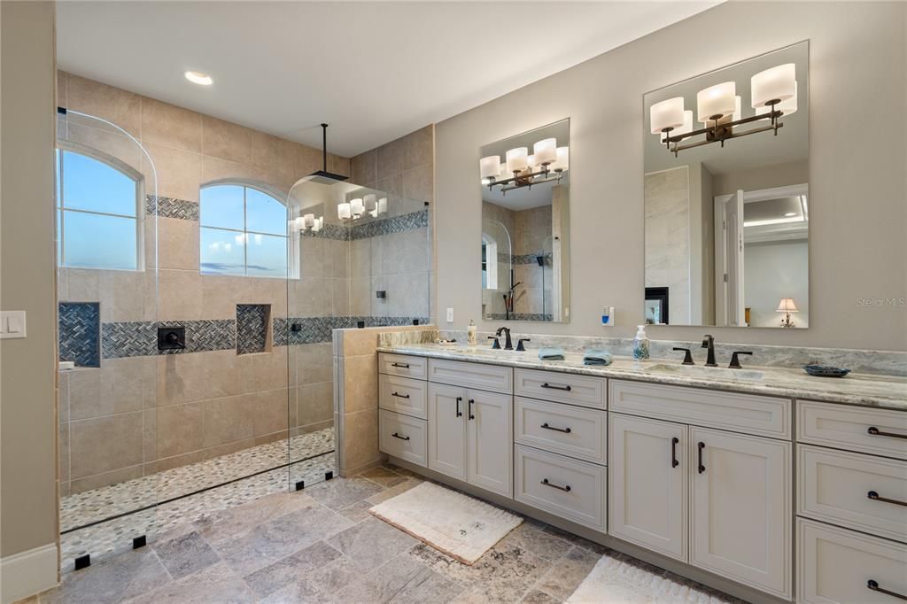 Bathroom, Dual Sink Vanities, Glass Shower, Interior, Recessed Lighting
