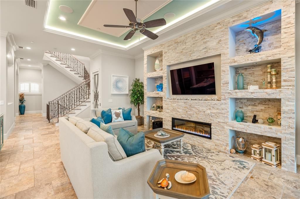 Fireplace, Interior, Living room, Recessed Lighting, Stone Walls