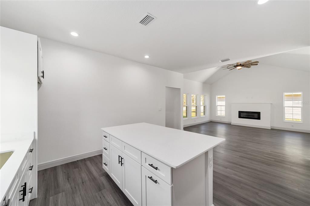 Empty room, Fireplace, Interior, Kitchen, Recessed Lighting, Wood Texture Flooring