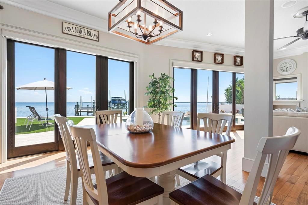 Chandelier, Dining room, Interior, Recessed Lighting, Water, Wood Texture Flooring