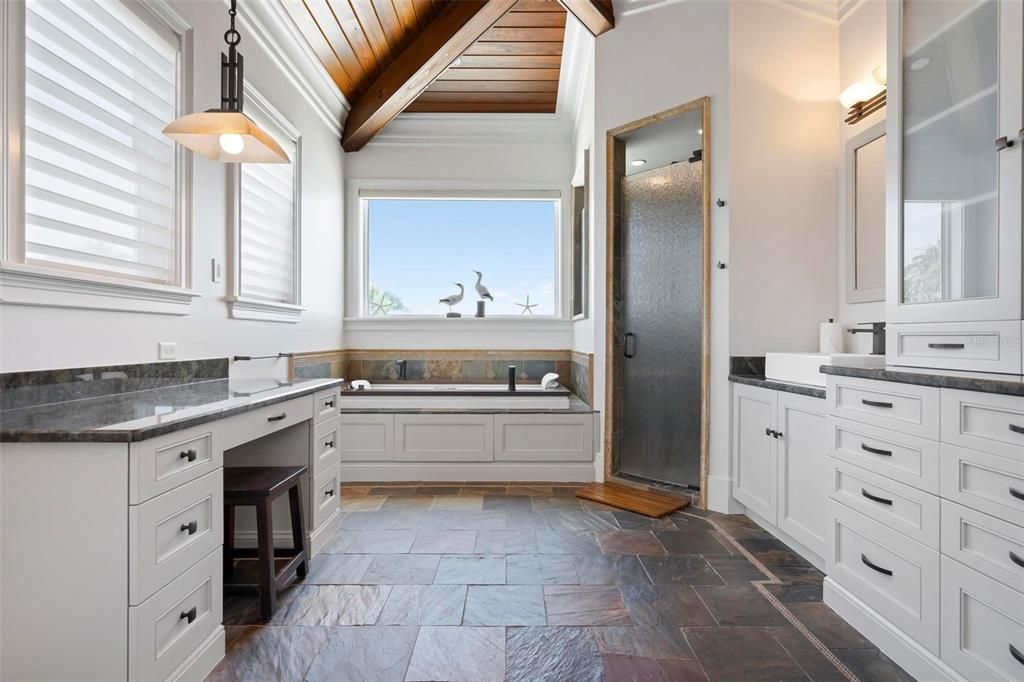 Bathroom, Dual Sink Vanities, Interior, Marble, Pendant Lights, Wooden Ceilings