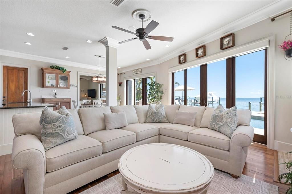 Interior, Kitchen, Living room, Pendant Lights, Recessed Lighting, Water, Wood Texture Flooring
