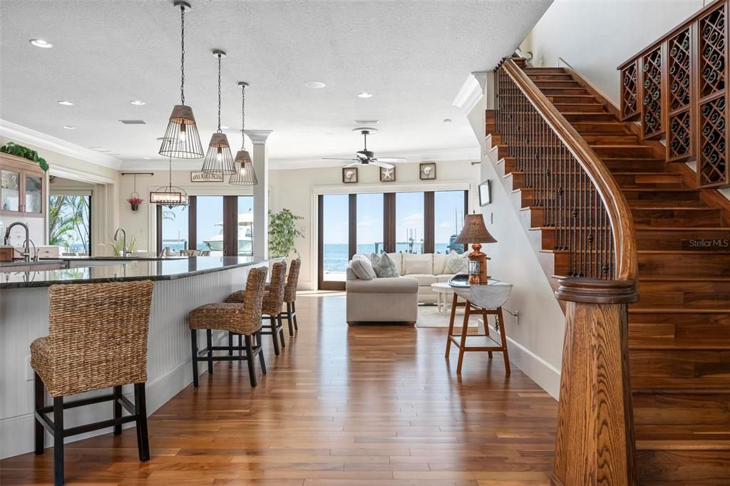Interior, Living room, Pendant Lights, Recessed Lighting, Water, Wood Texture Flooring