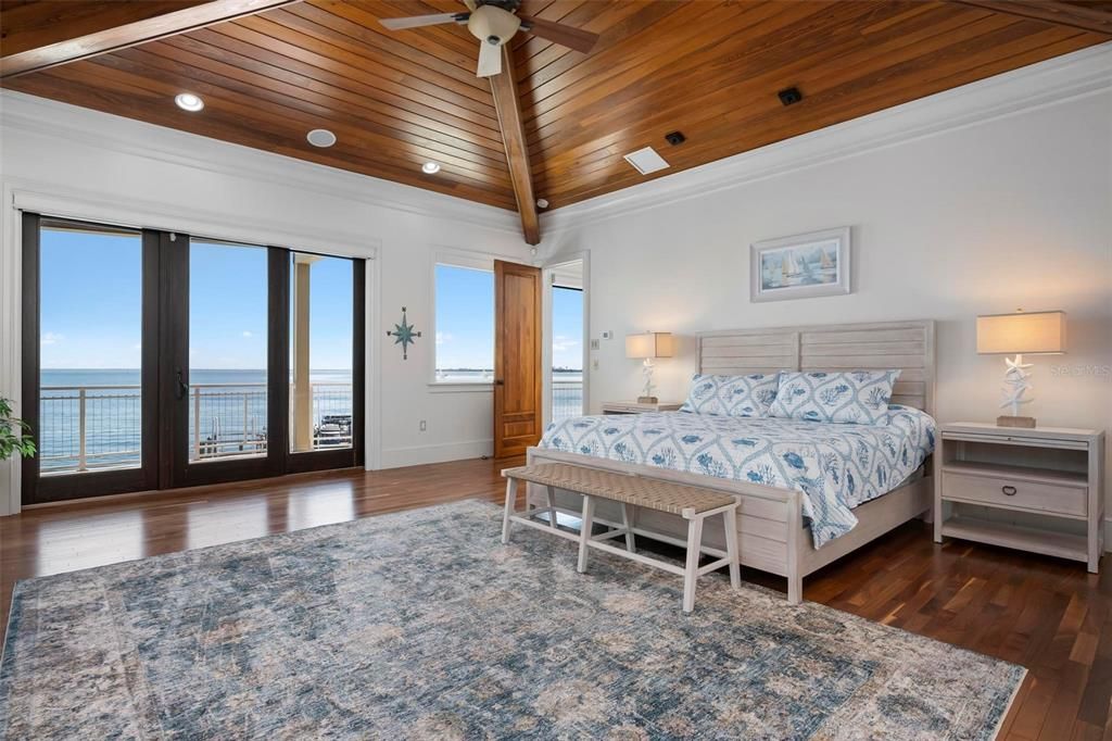 Bedroom, Interior, Recessed Lighting, Water, Wooden Ceilings, Wood Texture Flooring