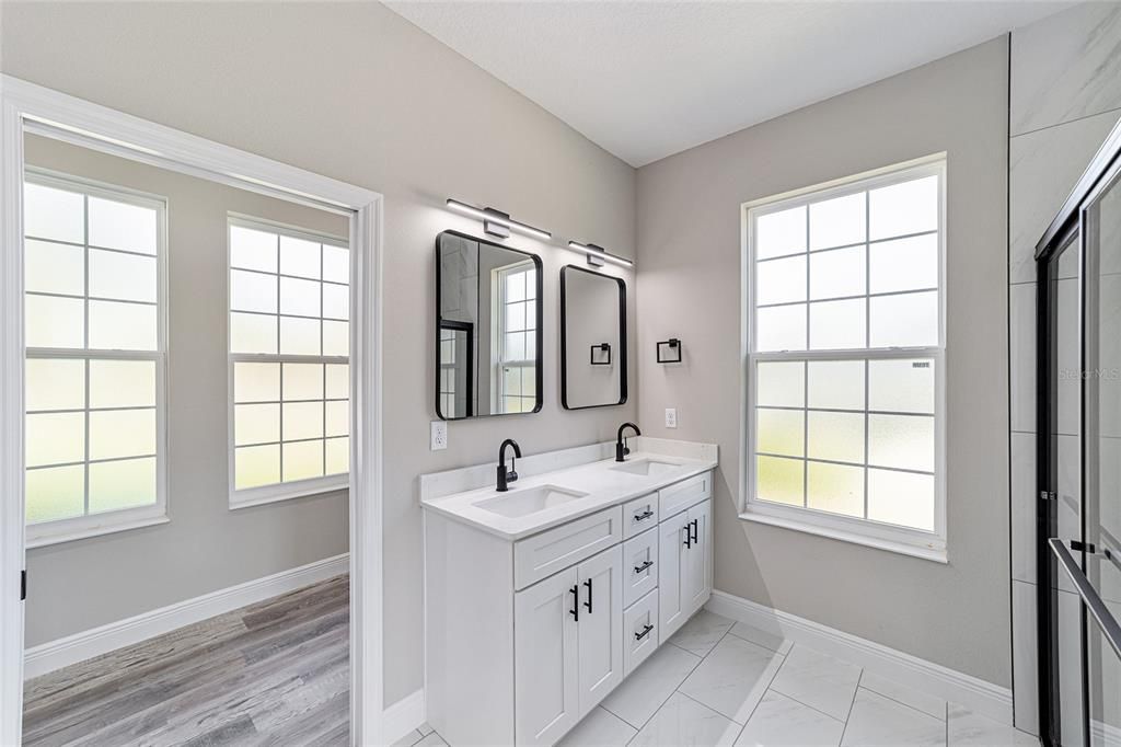 Bathroom, Dual Sink Vanities, Interior, Marble, Wood Texture Flooring