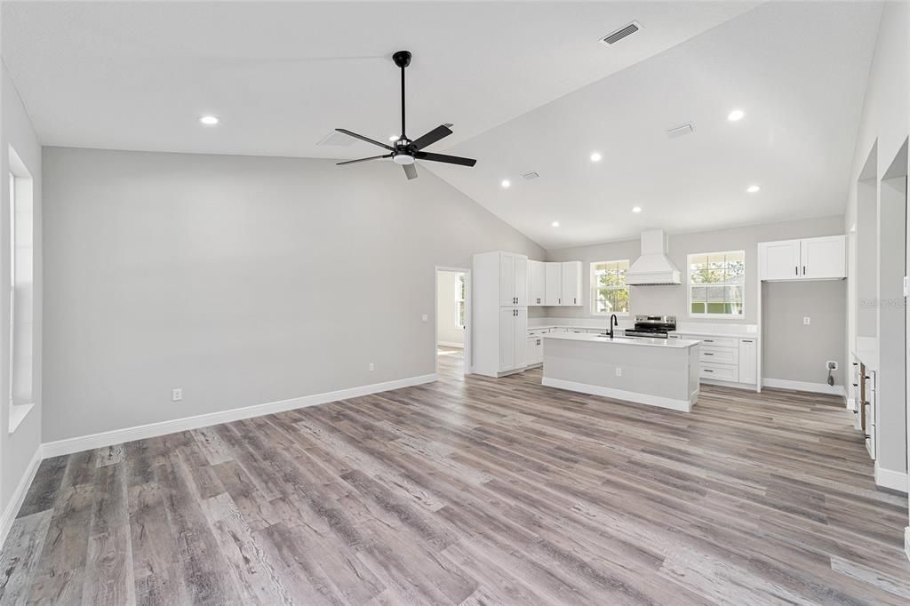 Empty room, Interior, Kitchen, Recessed Lighting, Wood Texture Flooring