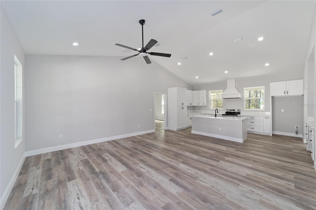 Empty room, Interior, Kitchen, Recessed Lighting, Wood Texture Flooring