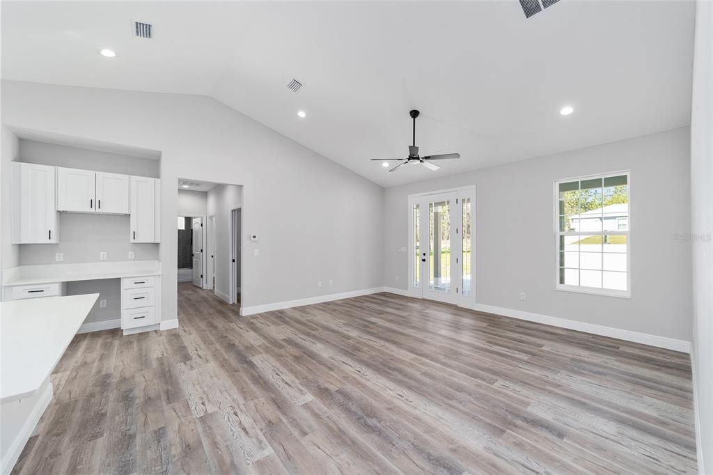 Empty room, Interior, Kitchen, Recessed Lighting, Wood Texture Flooring