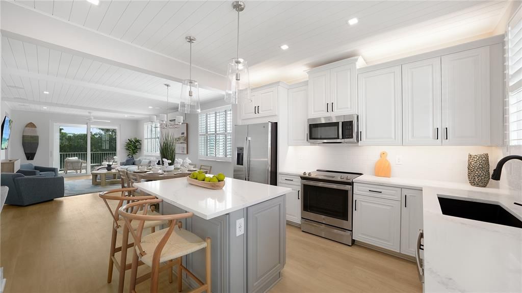 Interior, Kitchen, Living room, Pendant Lights, Recessed Lighting, Stainless Steel Appliances, Wood Texture Flooring