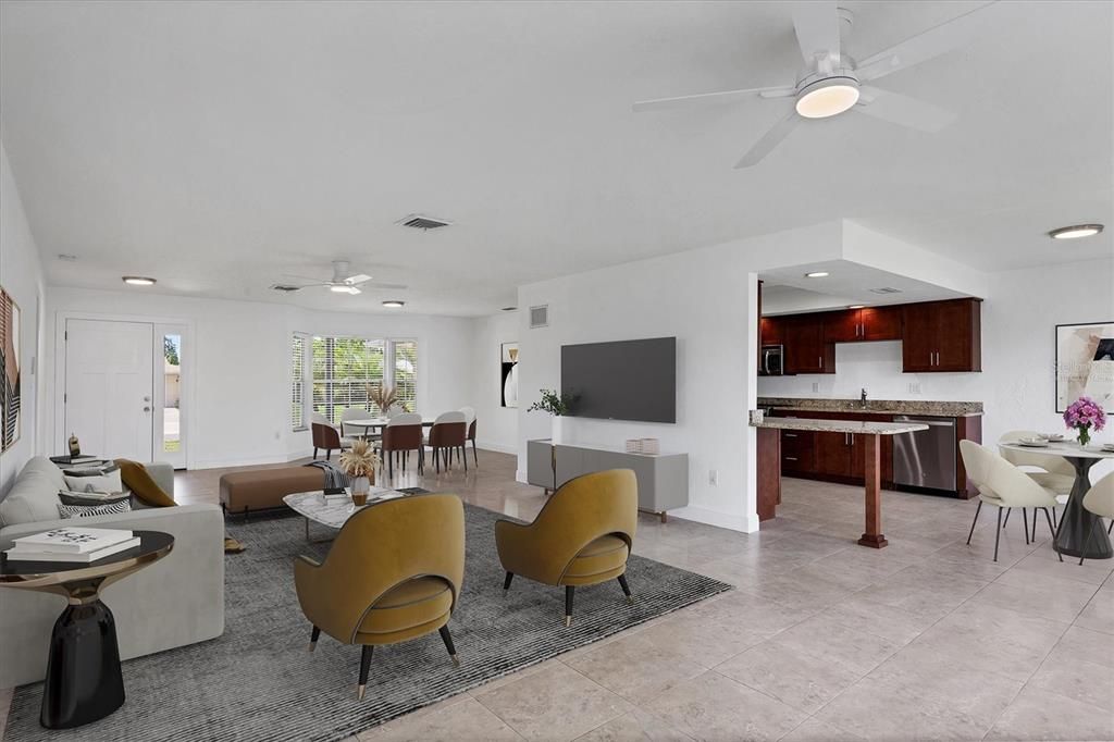 Dining room, Interior, Kitchen, Living room, Recessed Lighting