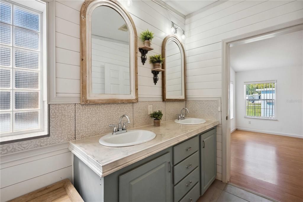 Bathroom, Dual Sink Vanities, Interior, Wood Texture Flooring