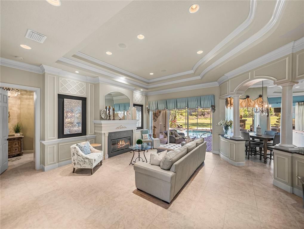 Chandelier, Dining room, Fireplace, Interior, Living room, Recessed Lighting