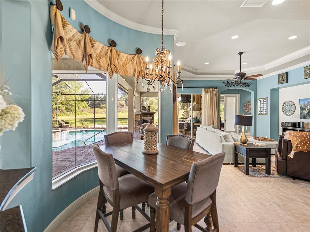 Chandelier, Dining room, Interior, Living room, Pool, Recessed Lighting, Sun Room