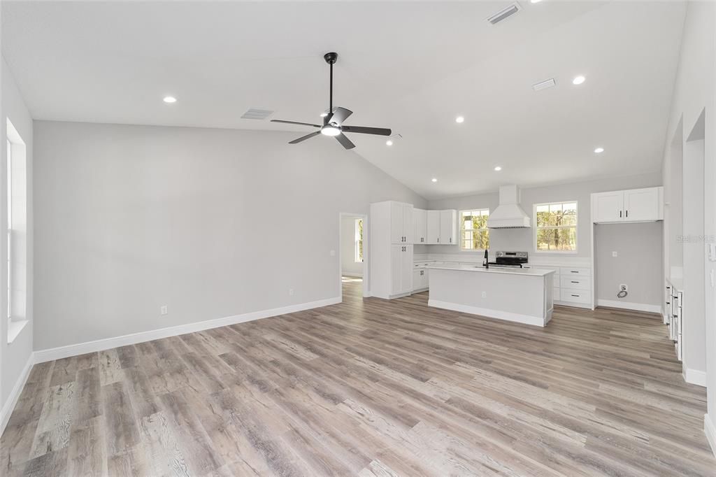 Empty room, Interior, Kitchen, Recessed Lighting, Wood Texture Flooring