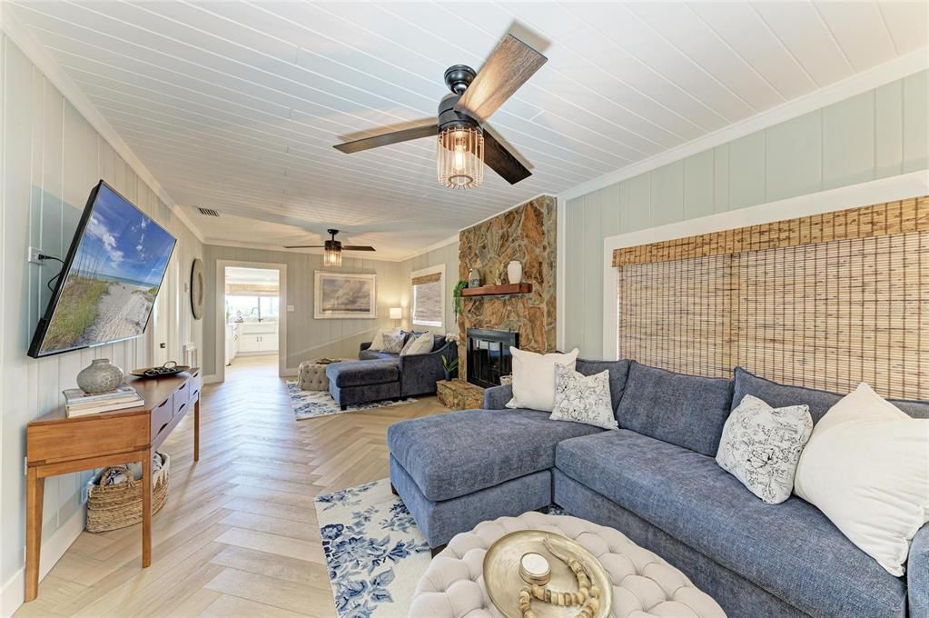 Fireplace, Interior, Living room, Stone Walls, Wood Texture Flooring