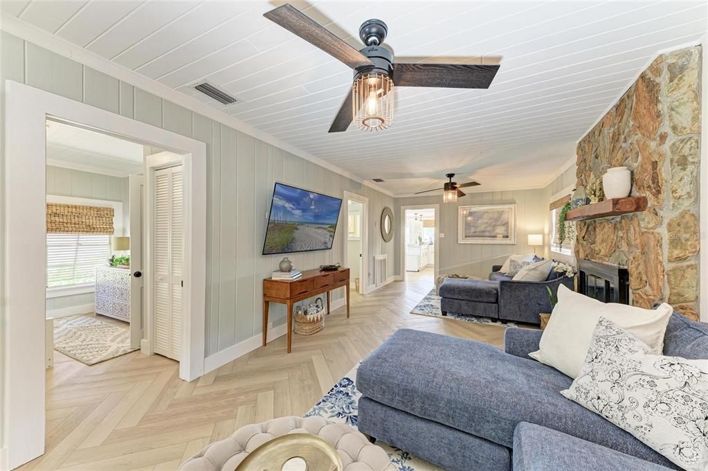 Fireplace, Interior, Living room, Stone Walls, Wood Texture Flooring