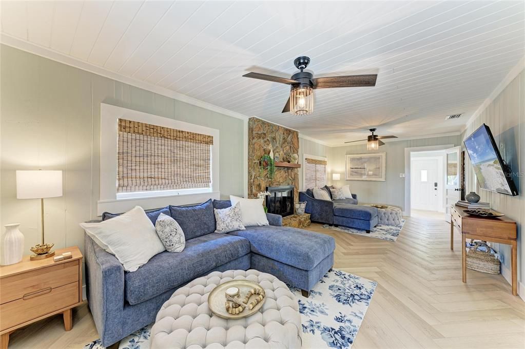 Interior, Living room, Stone Walls, Wood Texture Flooring