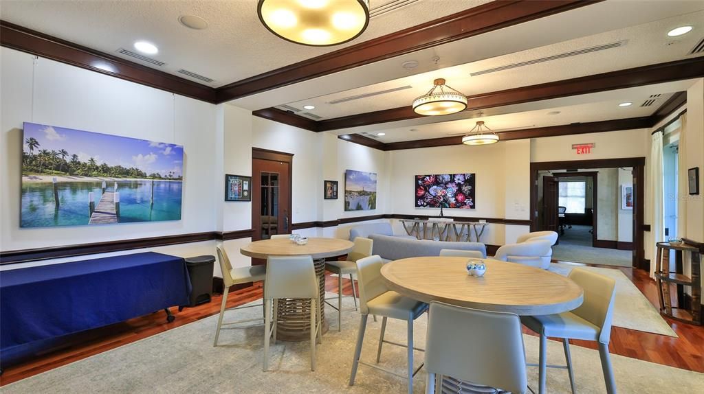 Dining room, Interior, Projection Screen, Recessed Lighting, Wood Texture Flooring