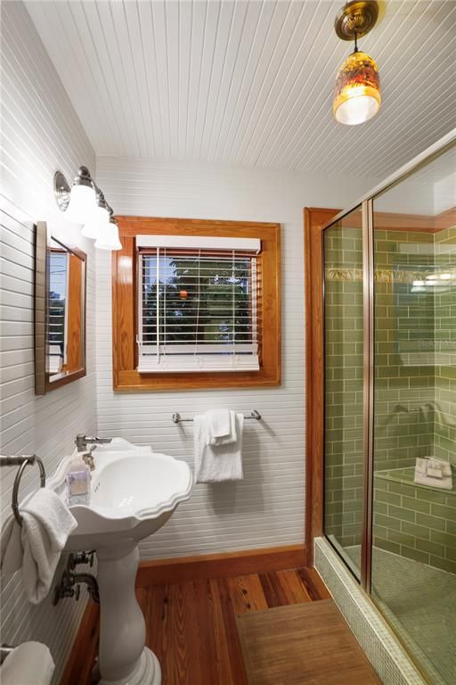 Bathroom, Glass Shower, Interior, Wood Texture Flooring