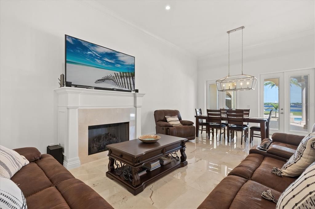 Dining room, Fireplace, Interior, Living room, Pendant Lights, Recessed Lighting, Water