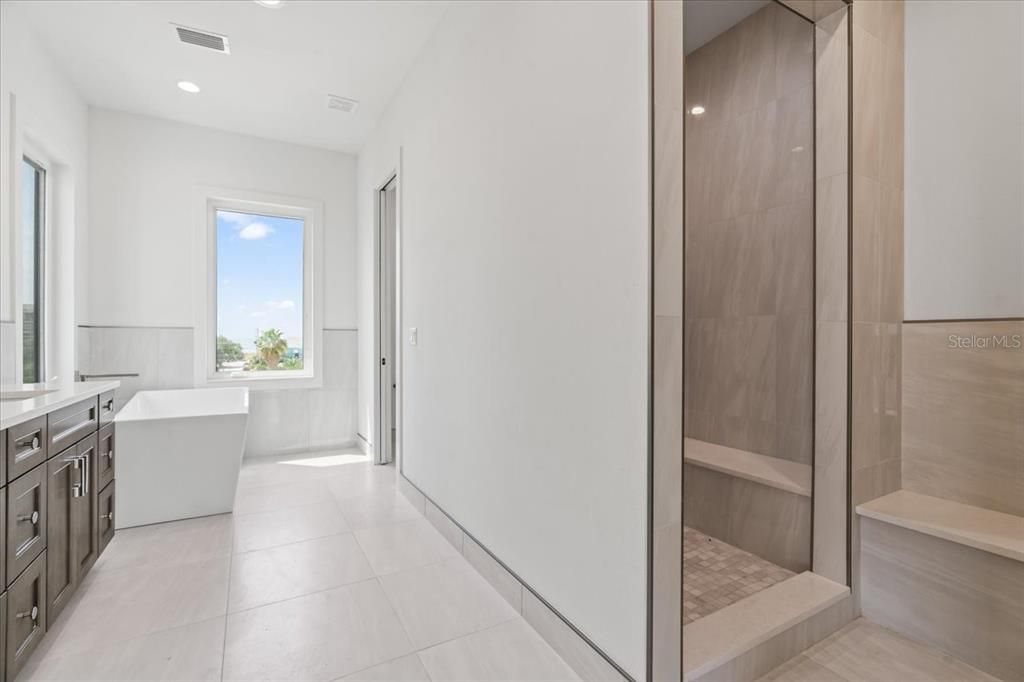 Bathroom, Free Standing Baths, Glass Shower, Interior, Recessed Lighting