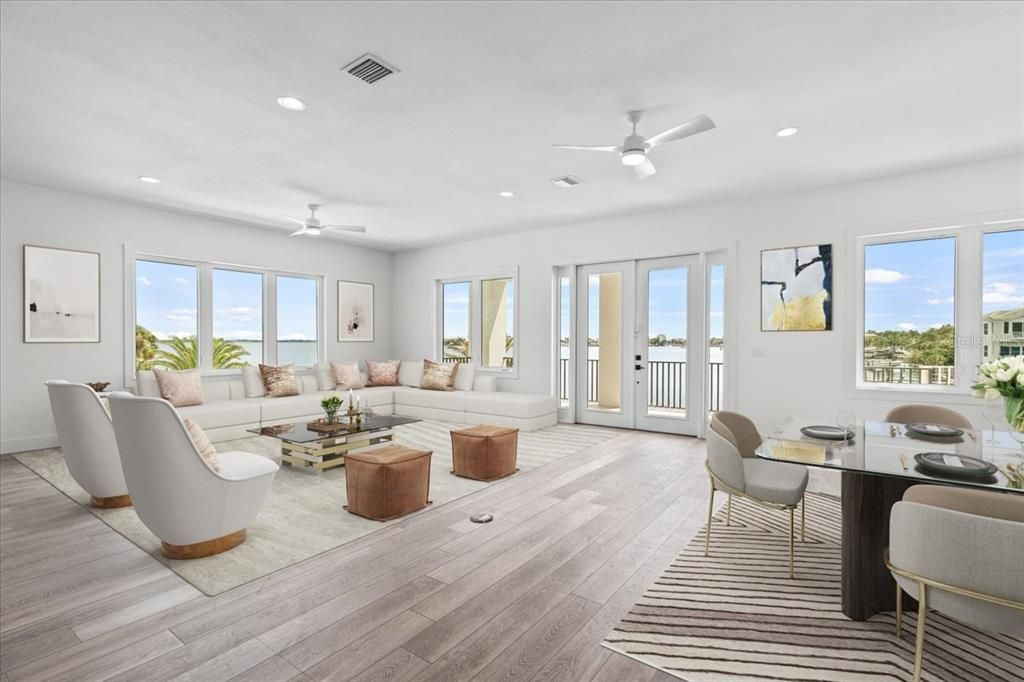 Dining room, Interior, Living room, Recessed Lighting, Wood Texture Flooring