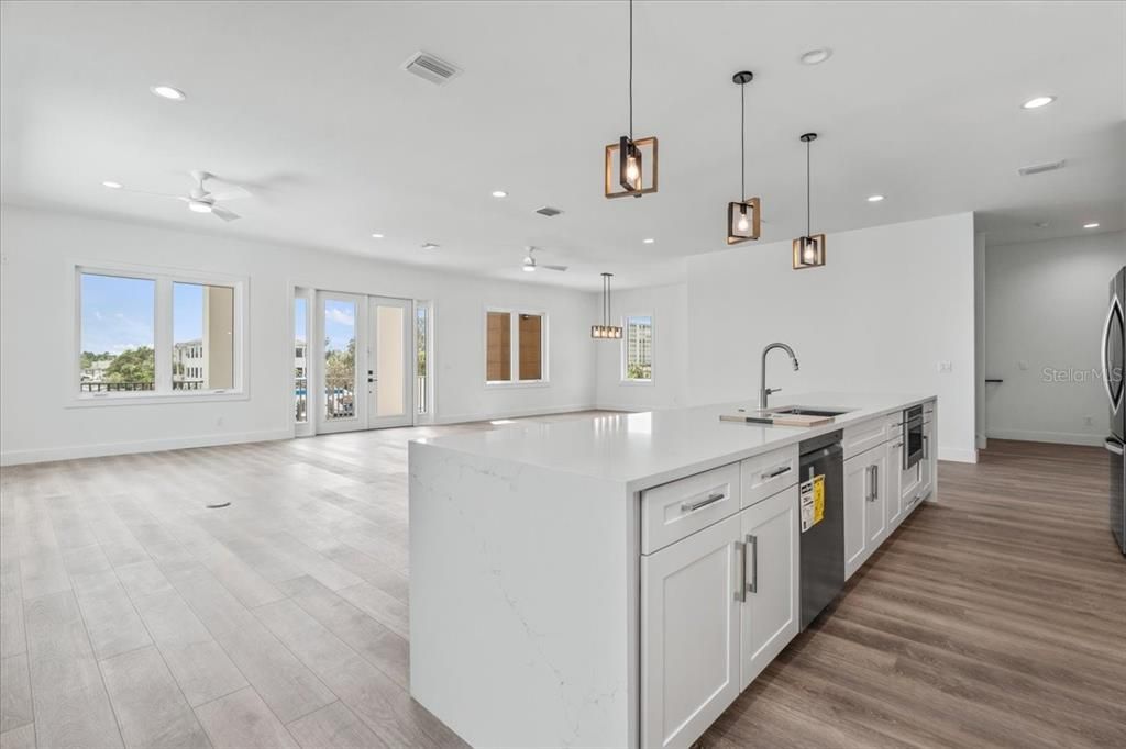 Empty room, Interior, Kitchen, Pendant Lights, Recessed Lighting, Wood Texture Flooring