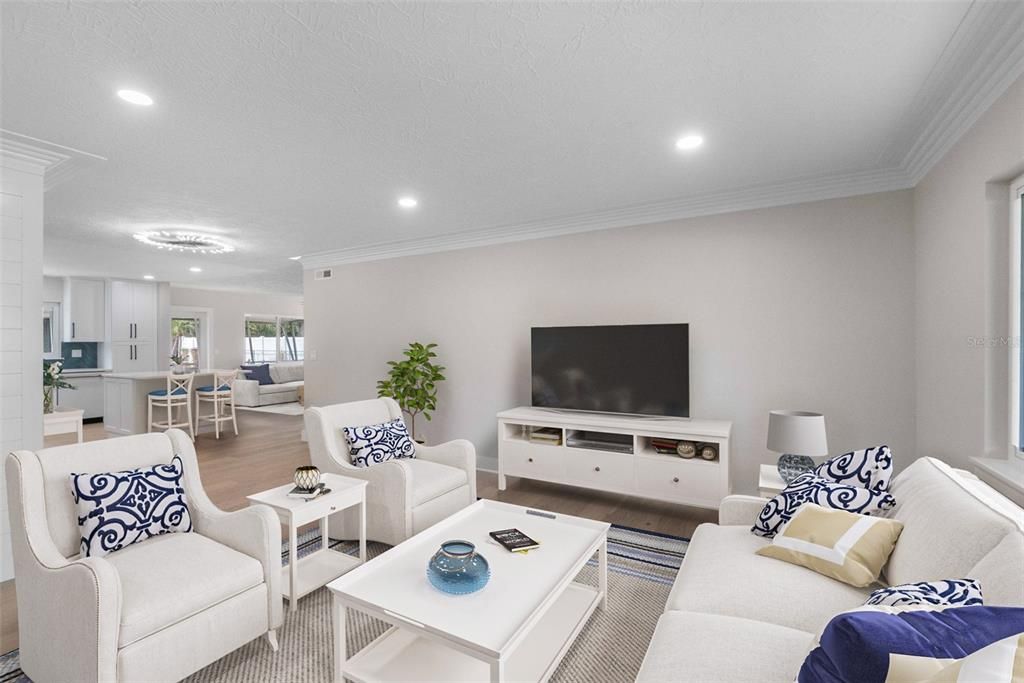 Interior, Kitchen, Living room, Recessed Lighting, Wood Texture Flooring