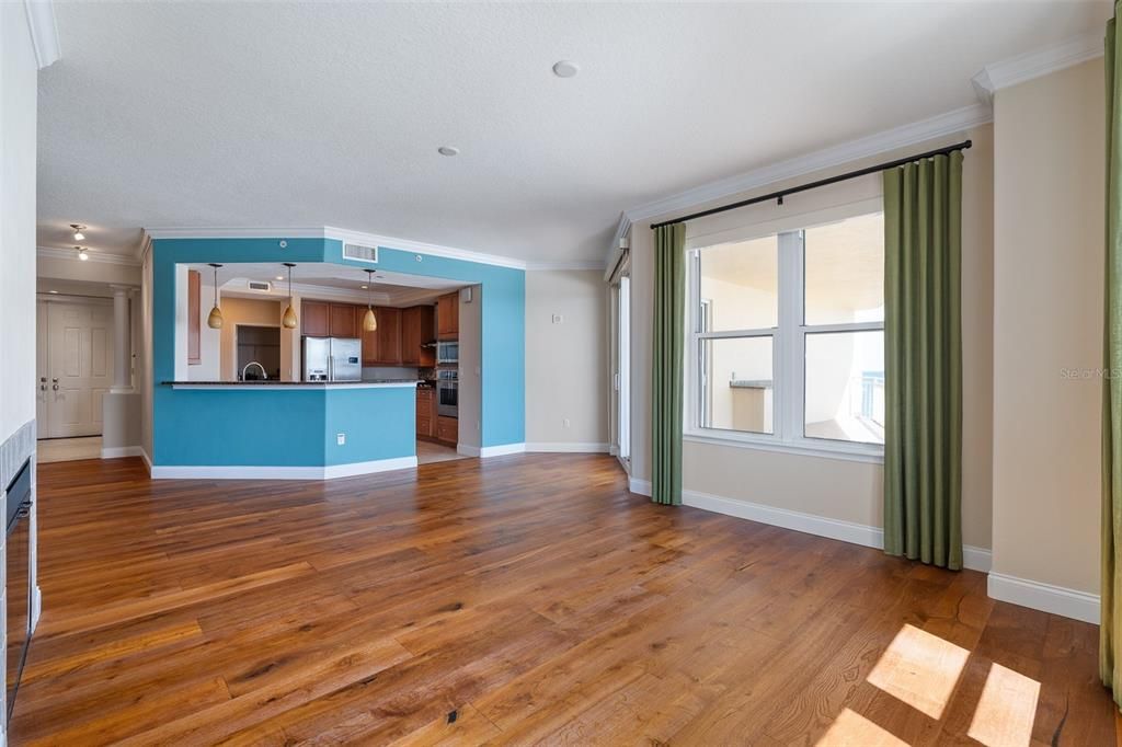 Empty room, Interior, Kitchen, Recessed Lighting, Wood Texture Flooring