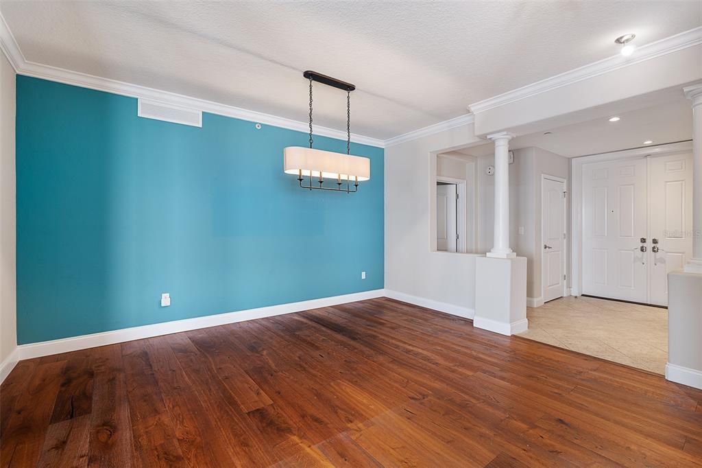 Chandelier, Empty room, Interior, Pendant Lights, Recessed Lighting, Wood Texture Flooring