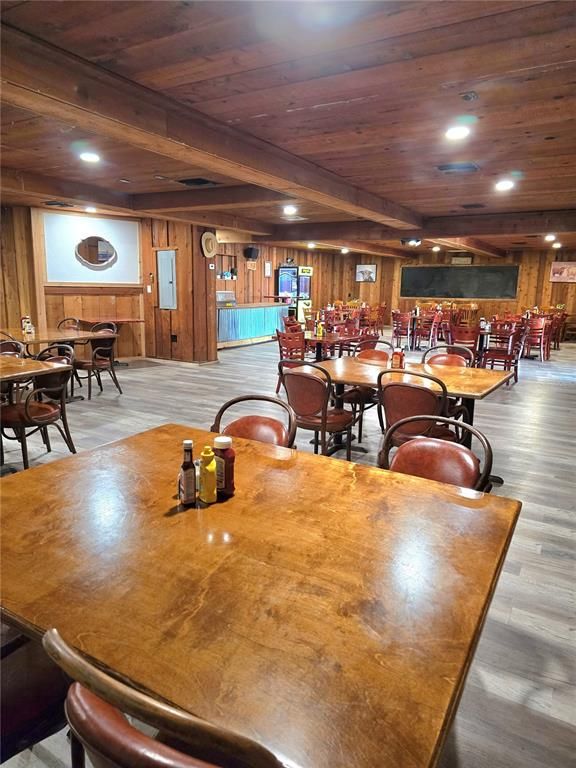 Dining room, Interior, Recessed Lighting, Wooden Beams, Wooden Ceilings, Wood Texture Flooring, Wooden Walls