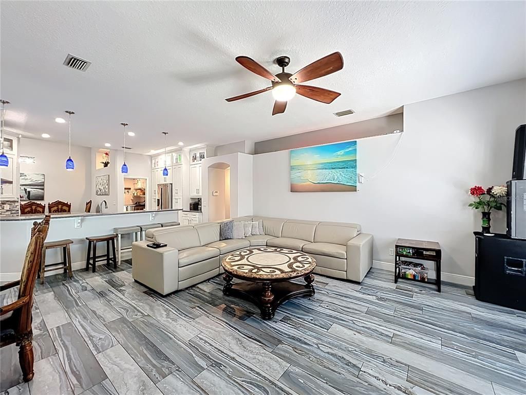 Interior, Kitchen, Living room, Pendant Lights, Recessed Lighting, Wood Texture Flooring