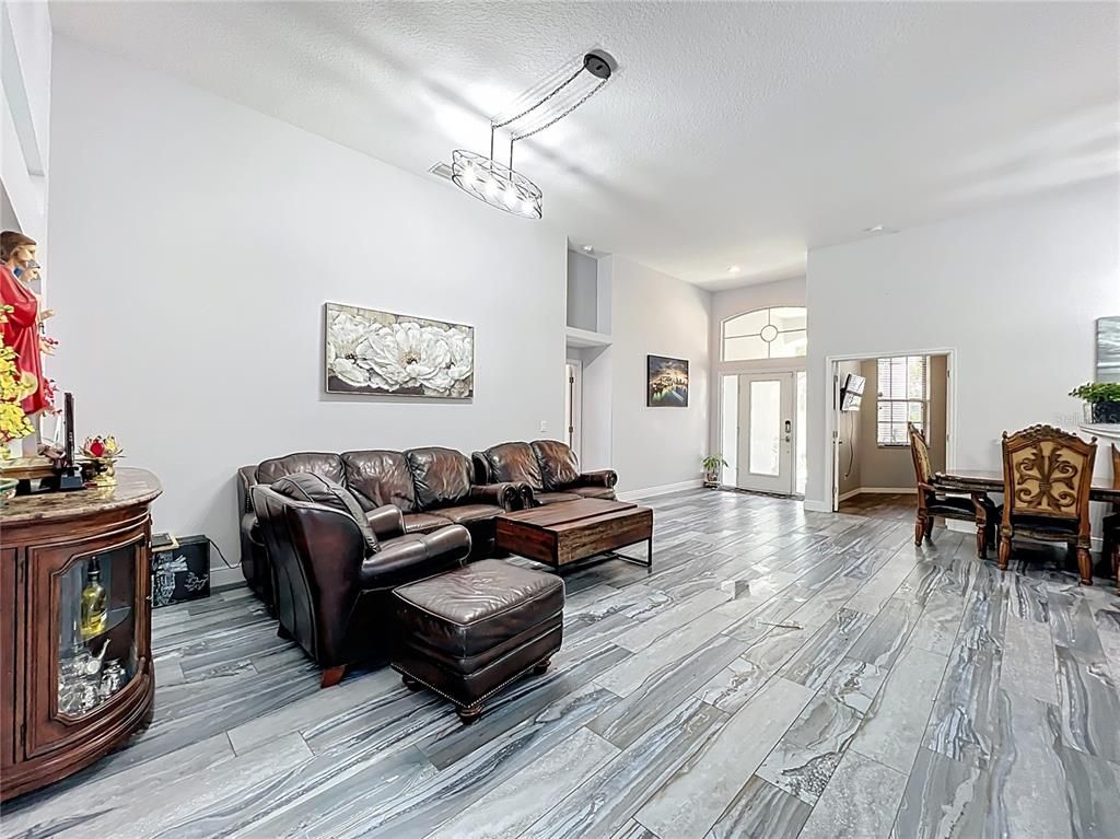 Dining room, Interior, Living room, Recessed Lighting, Wood Texture Flooring