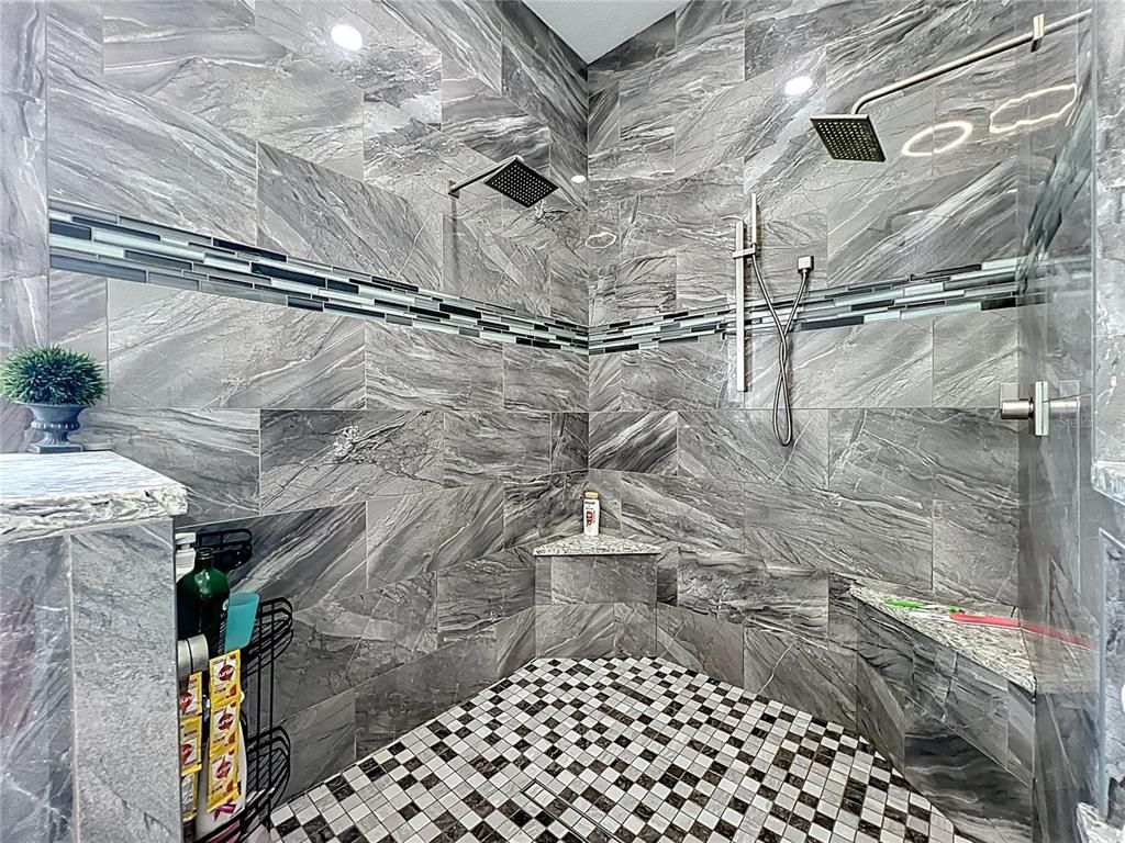 Bathroom, Glass Shower, Interior, Marble Walls, Recessed Lighting
