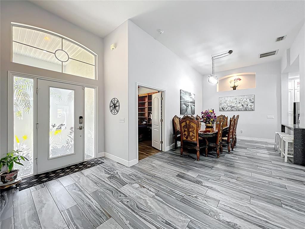 Dining room, Interior, Pendant Lights, Wood Texture Flooring