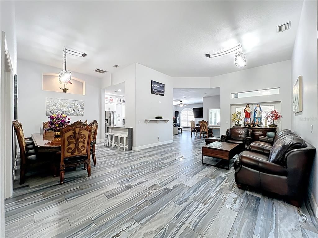 Dining room, Interior, Living room, Pendant Lights, Wood Texture Flooring