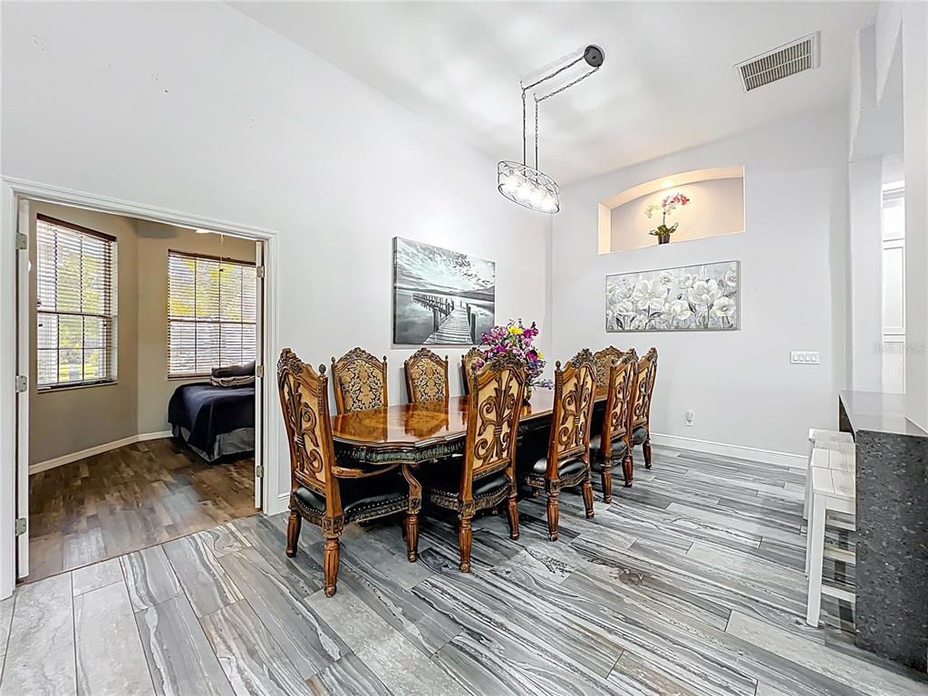 Dining room, Interior, Pendant Lights, Wood Texture Flooring
