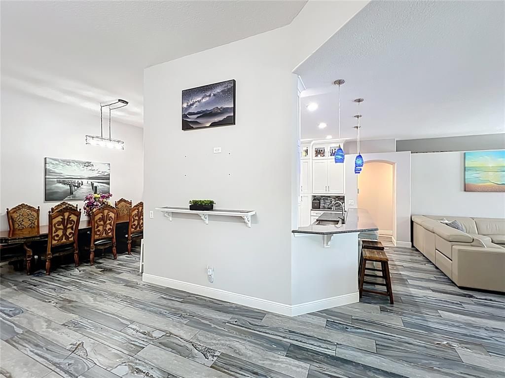 Dining room, Interior, Pendant Lights, Recessed Lighting, Wood Texture Flooring
