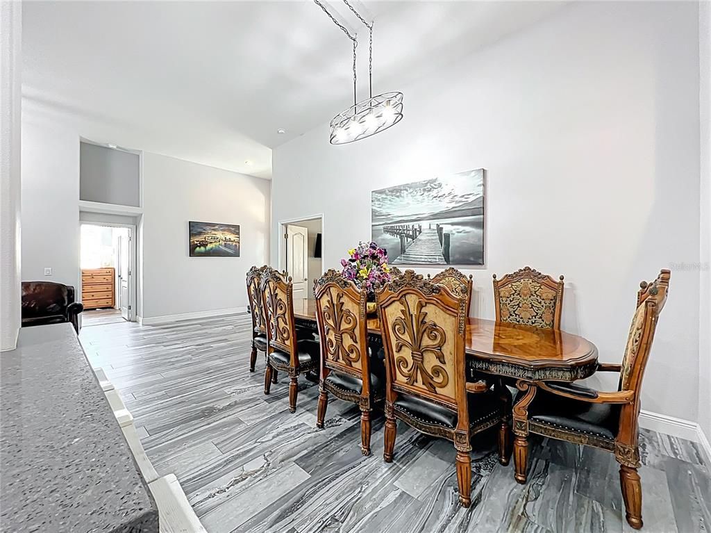 Dining room, Interior, Pendant Lights, Recessed Lighting, Wood Texture Flooring