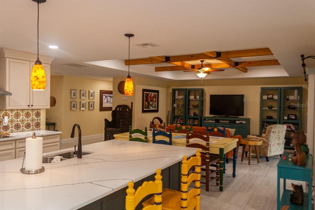 Dining room, Interior, Kitchen, Living room, Pendant Lights, Recessed Lighting, Wooden Beams